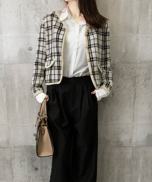 韓国風ツイードジャケット ライトアウター チェック柄ショートジャケットレディース カジュアル春秋上着 おしゃれ きれいめ 通勤服OL羽織り 着やせアウター 細見え 6QINGROU-002